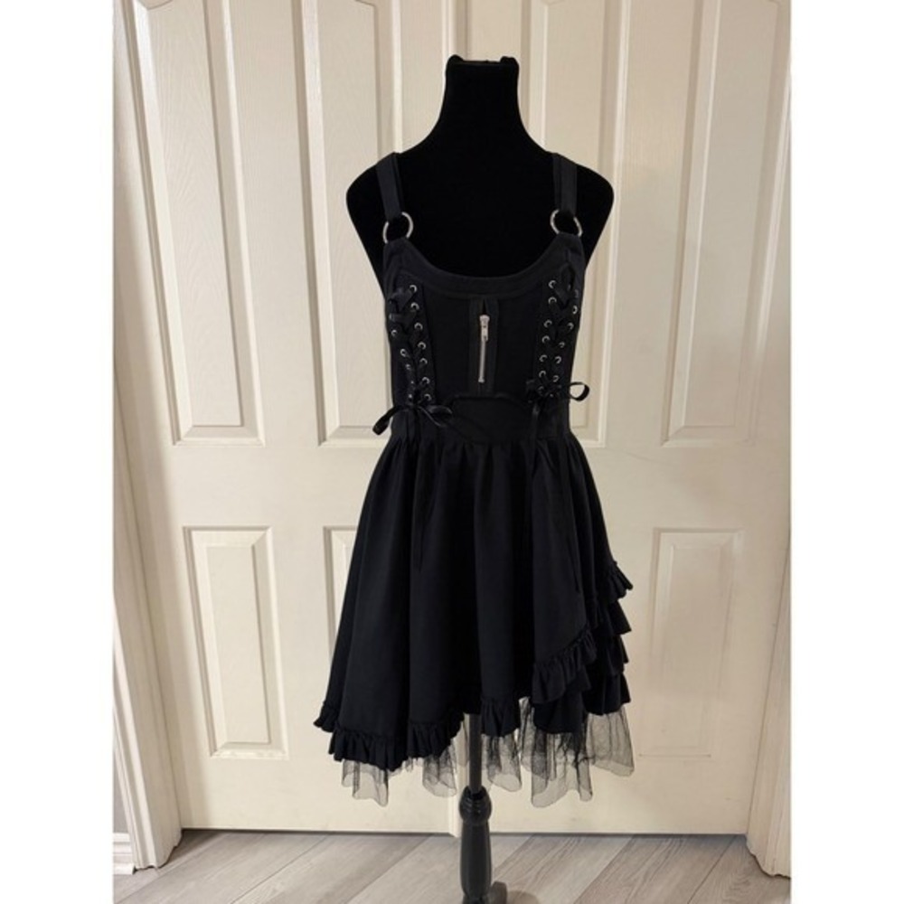 Hell Bunny Black Gothic Corset Ruffle Mini Dress Lace Up Asymmetrical Hem M